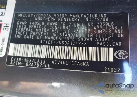 2009 Toyota Camry Xle from USA, damaged, VIN 4T4BE46K69R124873